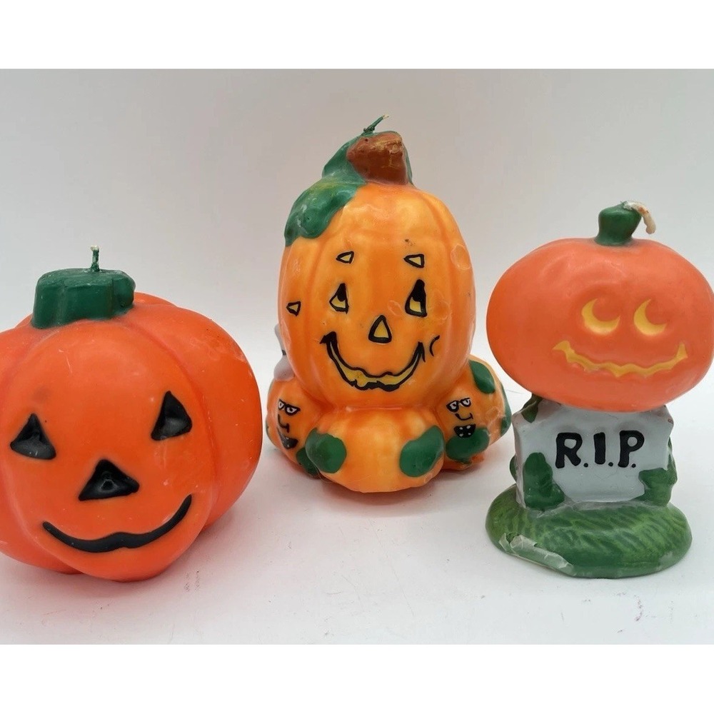 Vintage Halloween Candles Lot 3 Jack O Lantern Pumpkin RIP Tombstone Figural Wax